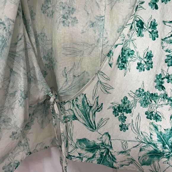 ZARA WRAP CROSS TIE V NECK KIMONO STYLE WHITE GREEN PRINT TOP LINEN SIZE SMALL - Picture 5 of 9